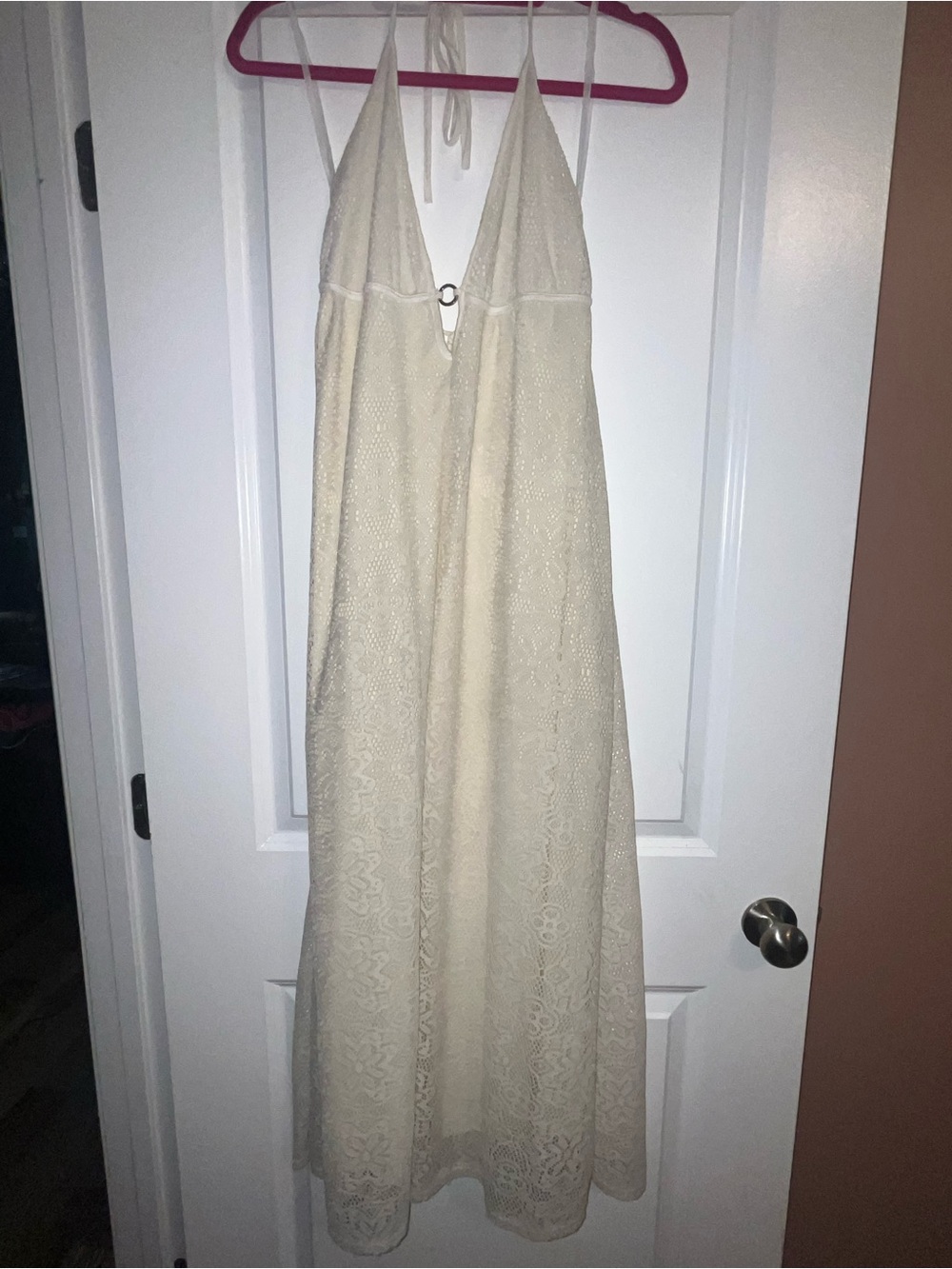 Cream Lace Halter Maxi Dress With Deep V Neckline